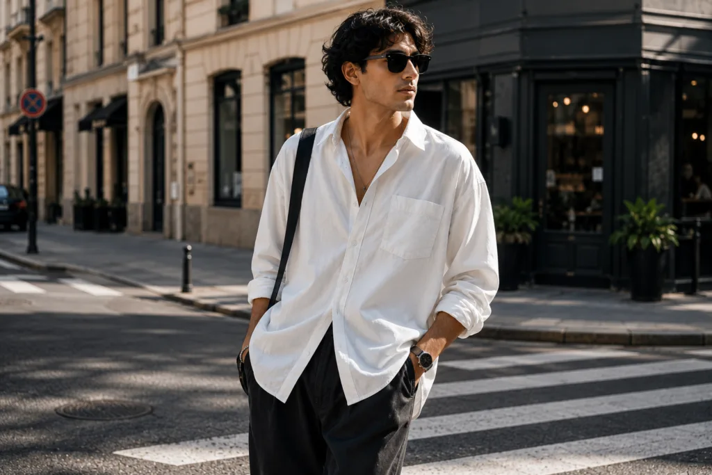 Oversized shirts men styled with modern streetwear fashion.