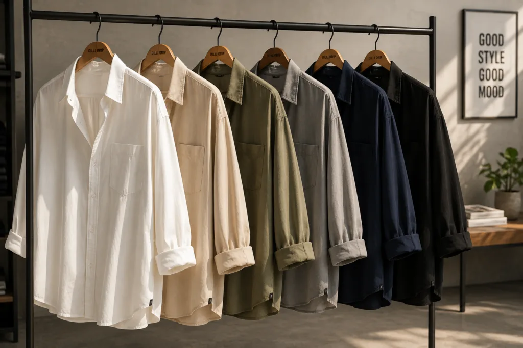 Oversized shirts men collection with premium neutral colors.