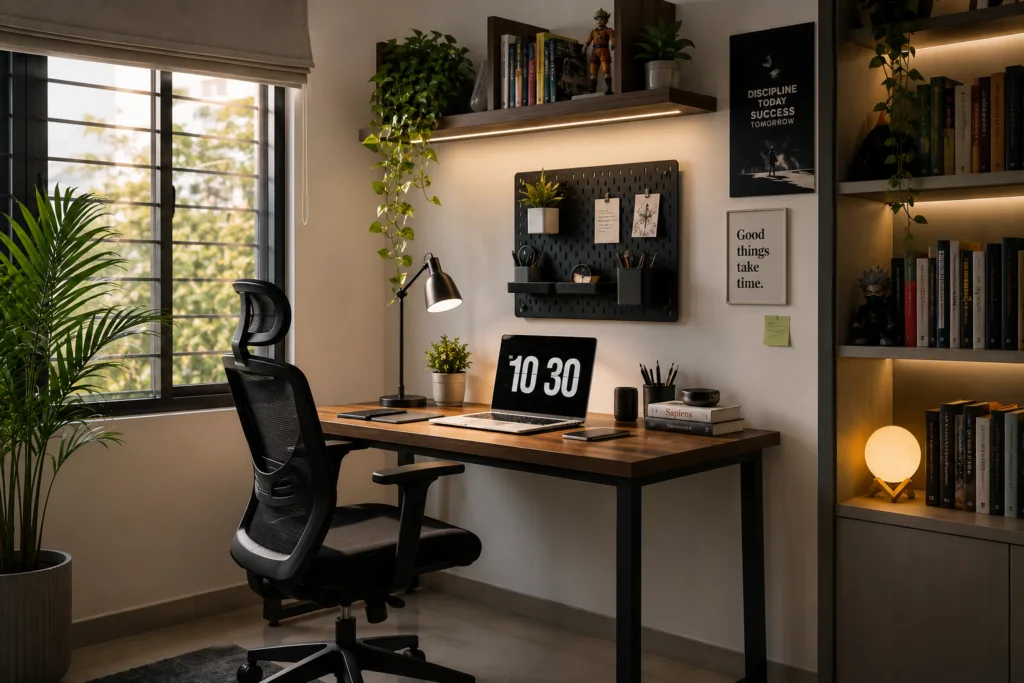 Study room interior design with a modern student workspace.