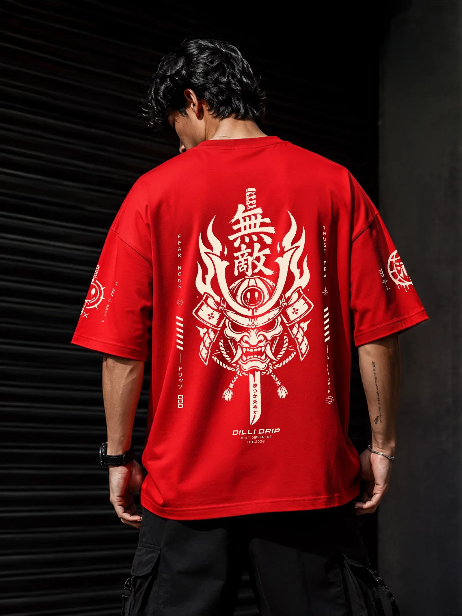 Mute Rage oversized T-shirt featuring bold Oni mask back graphic