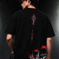 Crimson Keep oversized T-shirt featuring gothic castle back artwork