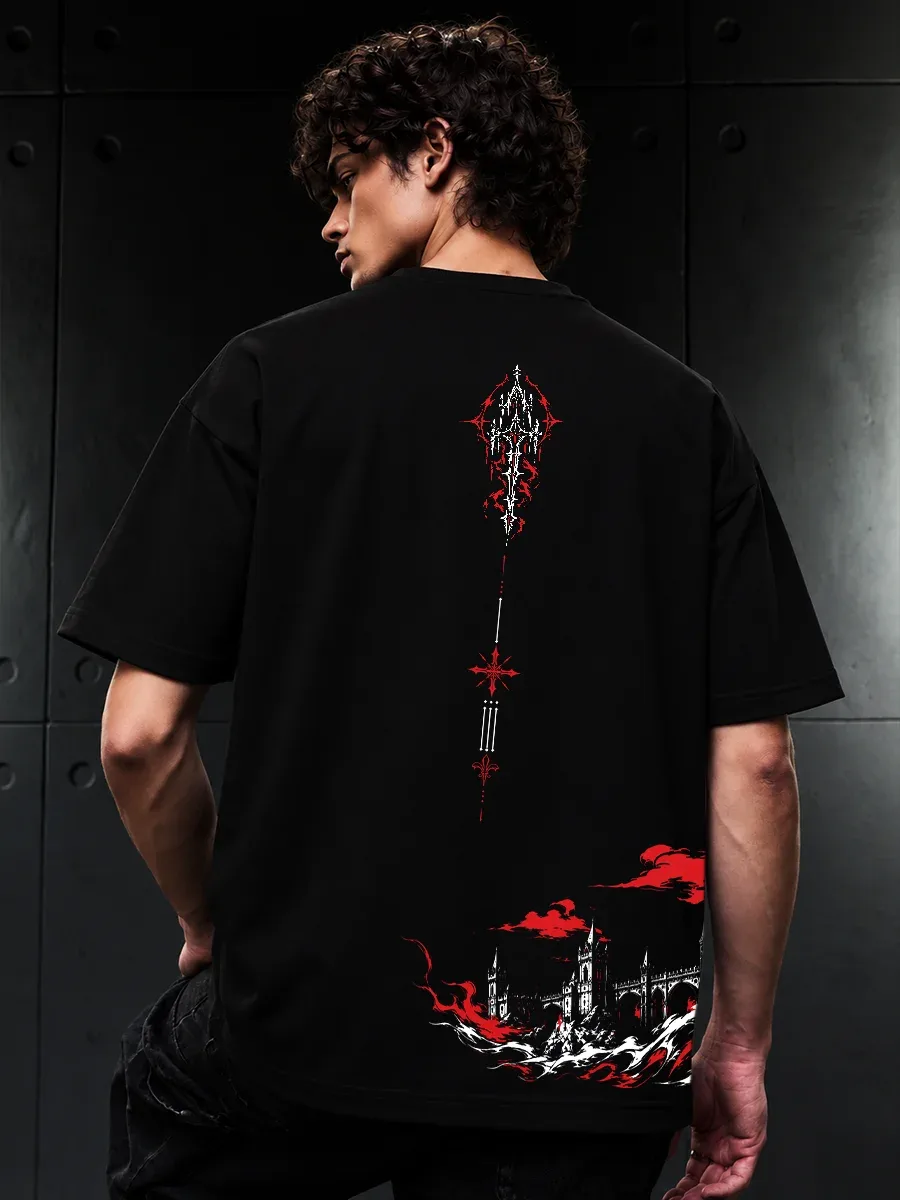 Crimson Keep oversized T-shirt featuring gothic castle back artwork