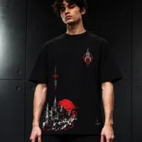 Crimson Keep oversized T-shirt with gothic castle and crimson moon artwork