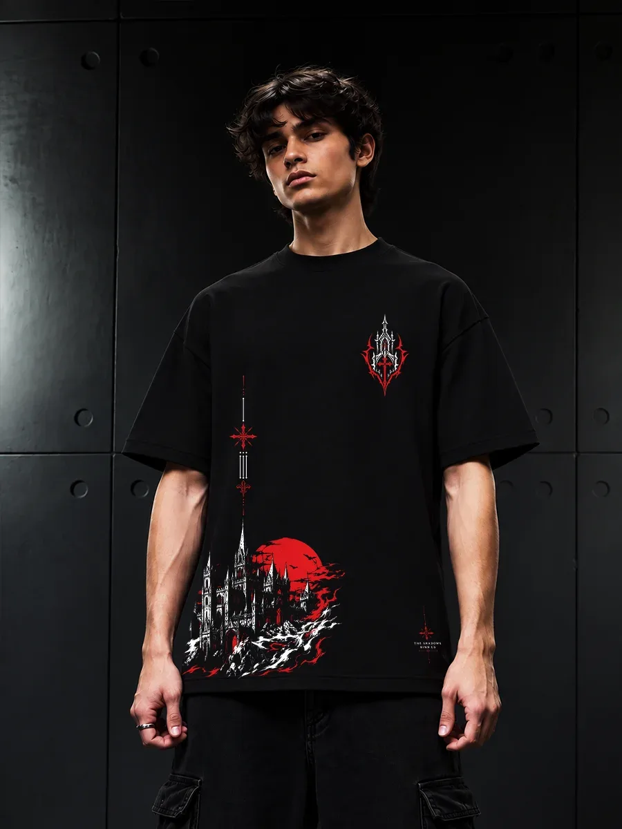 Crimson Keep oversized T-shirt with gothic castle and crimson moon artwork
