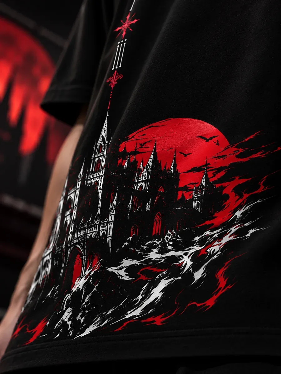 Close-up of Crimson Keep T-shirt gothic castle and crimson graphic