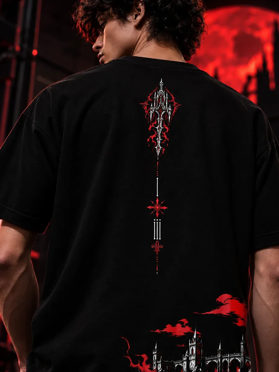 Detailed gothic castle artwork on the back of Crimson Keep T-shirt