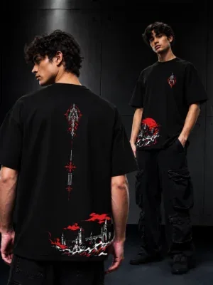 Crimson Keep black oversized T-shirt styled with gothic streetwear artwork