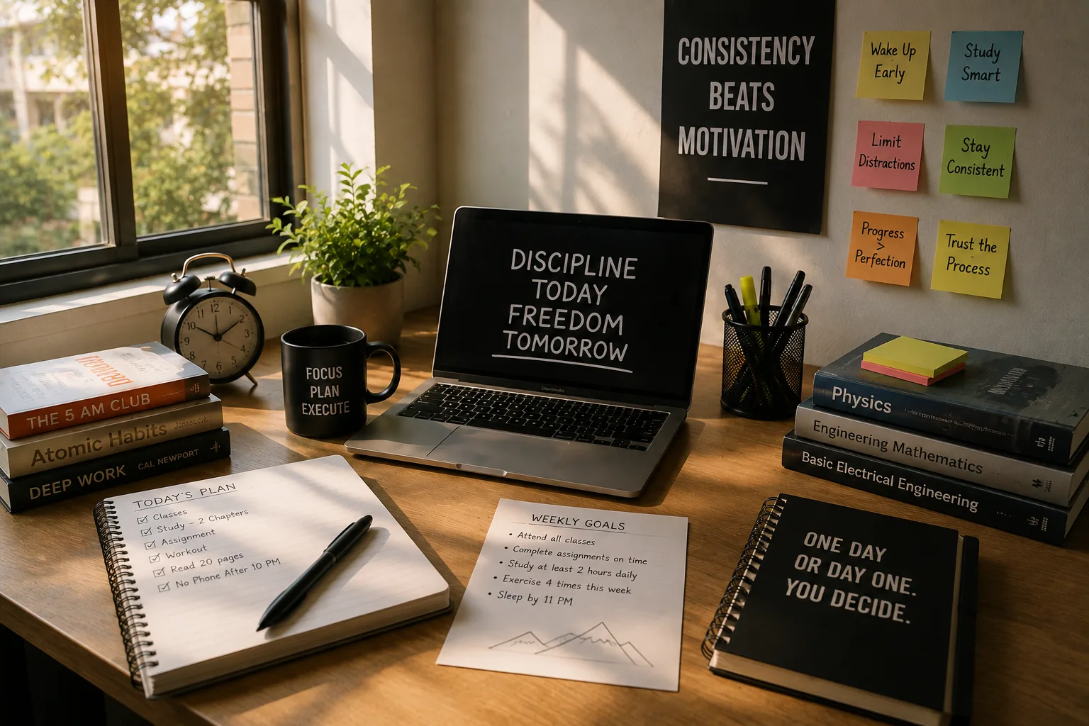 Daily routine for students with a focused study setup.