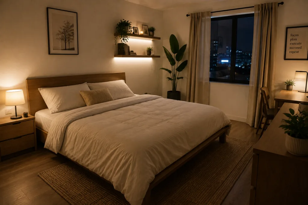 Minimalist bedroom ideas with warm evening lighting.