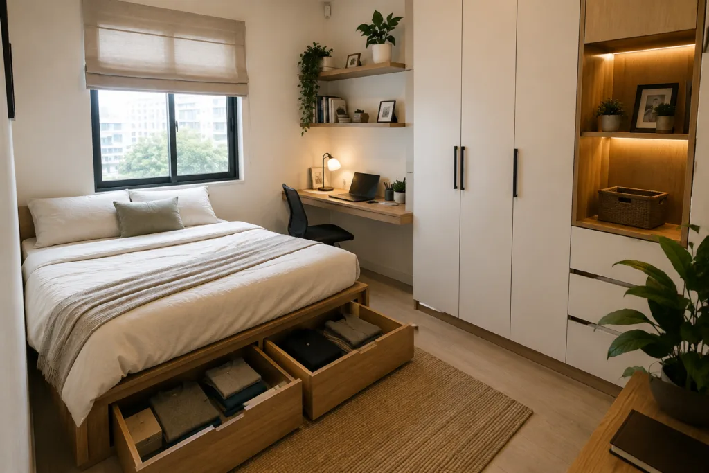 Minimalist bedroom ideas with smart storage solutions.